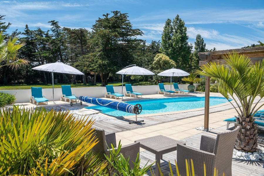 Vue sur la piscine depuis les palmiers